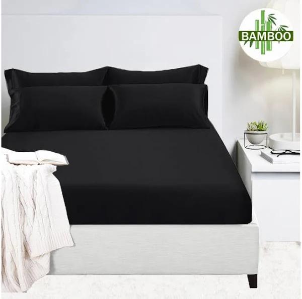 Home Essentials 2000TC Cooling Bamboo Fitted Full Sheet Set Black Hypo-Allergenic for Deep Wall 50cm Mega Queen Size