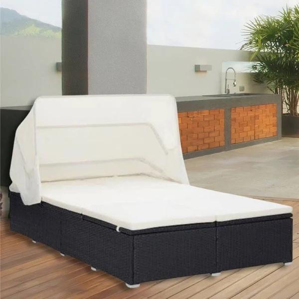 Double Garden Sun Lounger Bed Adjustable Sun Lounge With Cushions + Shade Canopy - AfterPay & zipPay Available