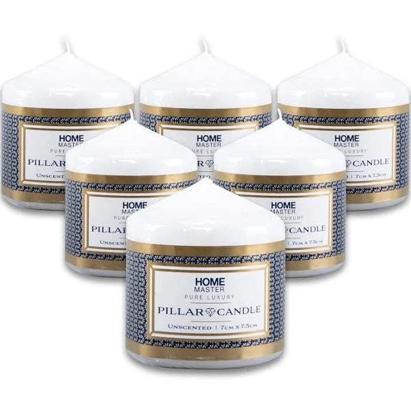 Home Master 6pce Pillar Candles White Home Décor Party Wedding 7.5cm