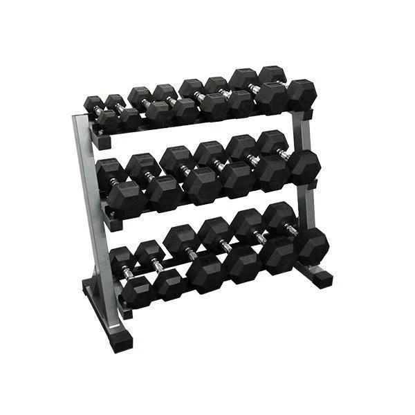 Muscle Motion 2.5kg - 25kg (10 Pair) Rubber Hex Dumbbell Set with 3 Tier Rack