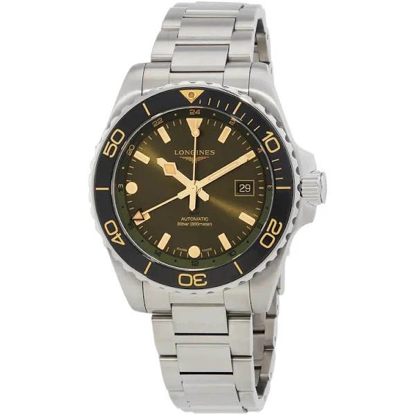 Longines Hydroconquest GMT Automatic Green Dial Men's Watch L3.890.4.06.6, Automatic Movement, Stainless Steel Strap, 43 mm Case in Black / Gold tone