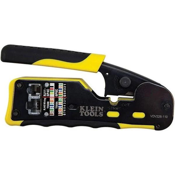 Klein Tools VDV226-110 Ratcheting Modular Data Cable Crimper / Wire Stripper / Wire Cutter for RJ11/RJ12 Standard, RJ45 Pass-Thru Connectors