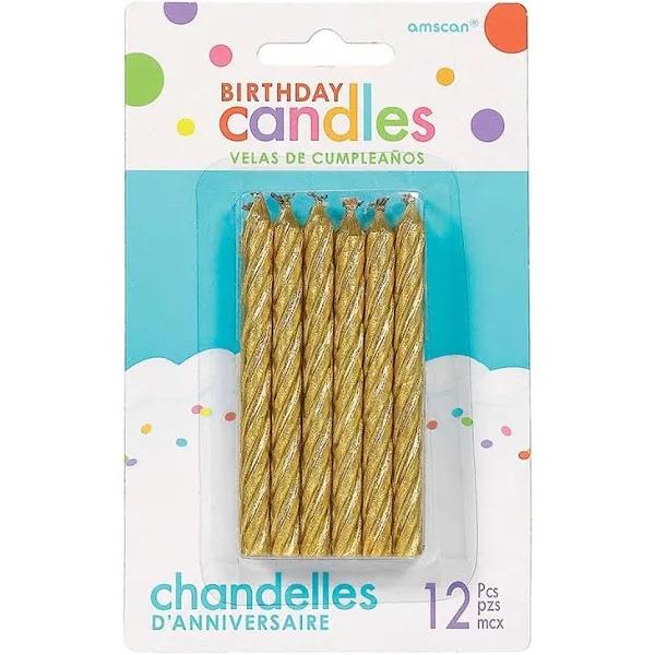 Birthday Candles Large Spiral 12 Pack - Glitter Gold