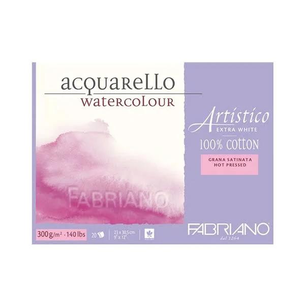 Fabriano Artistico Acquarello Watercolour, Extra White, Satin Hot Pressed, 30.5 x 45.5 cm, 20 Sheets 300 g/m², High-quality Artist's Watercolour