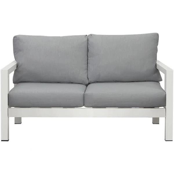 Manly 2 Seater White Aluminium Outdoor Sofa Lounge With Arms Grey Cushion - AfterPay & zipPay Available