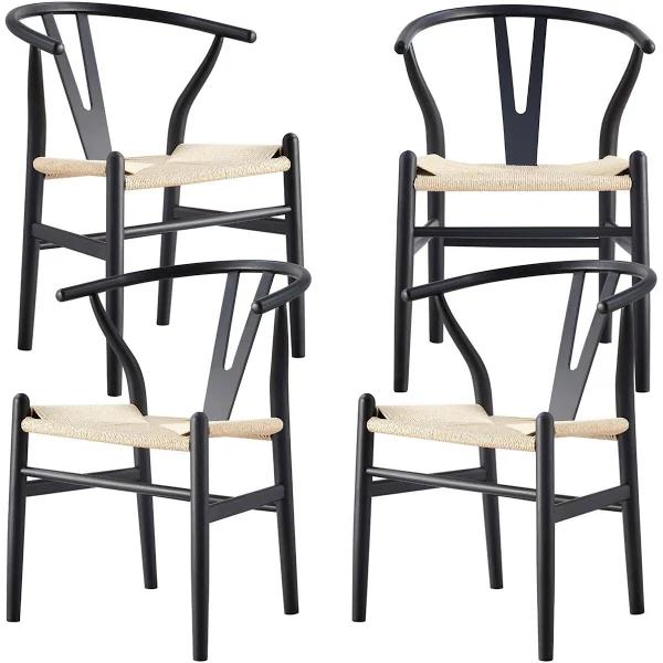 Anemone Set of 4 Wishbone Dining Chair Beech Timber Replica Hans Wenger - Black