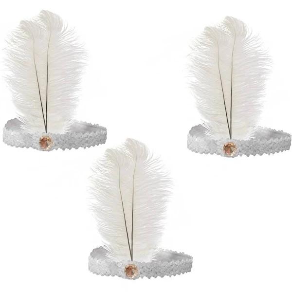 3x 1920s Flapper Headband Headpiece Feather Sequin Charleston Costume Gatsby - White