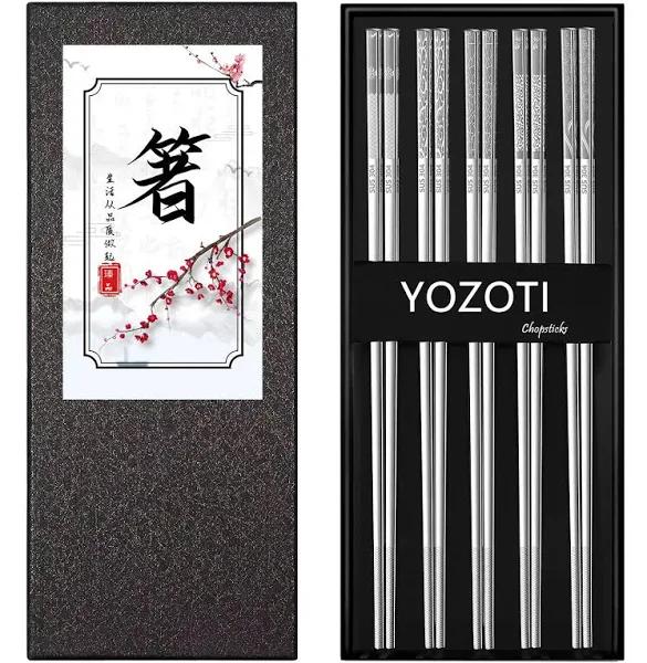 YOZOTI Stainless Steel Chopsticks, Silver Reusable Chopsticks, 5 Pairs Dishwasher Safe Metal Chopsticks, Easy to Use, Square Lightweight Chop Sticks