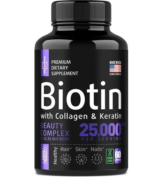 Biotin Capsules with Collagen and Keratin - 25000MCG per Serving - Biotin Vitamins for Hair, Skin and Nails - Premium Biotin Supplement for Hair