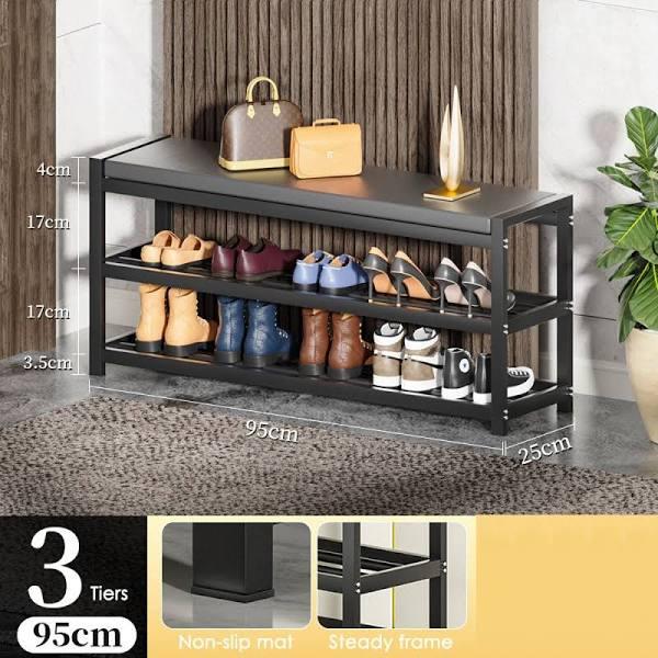 3 Tiers 95cm Width Sturdy Steel Multi Layer Shoe Rack with Bench Entryway Shoe Storage Organizer