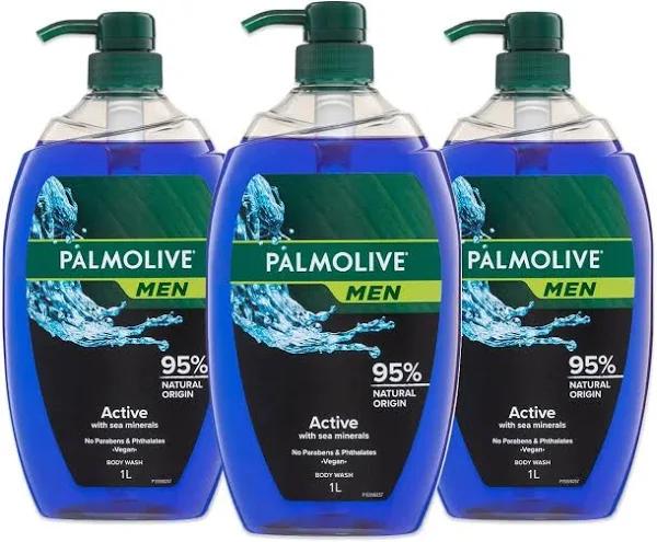 Palmolive Men Body Wash 3L (3x1L), Active with Sea Minerals, Soap Free Shower Gel, No Parabens Phthalates or Alcohol