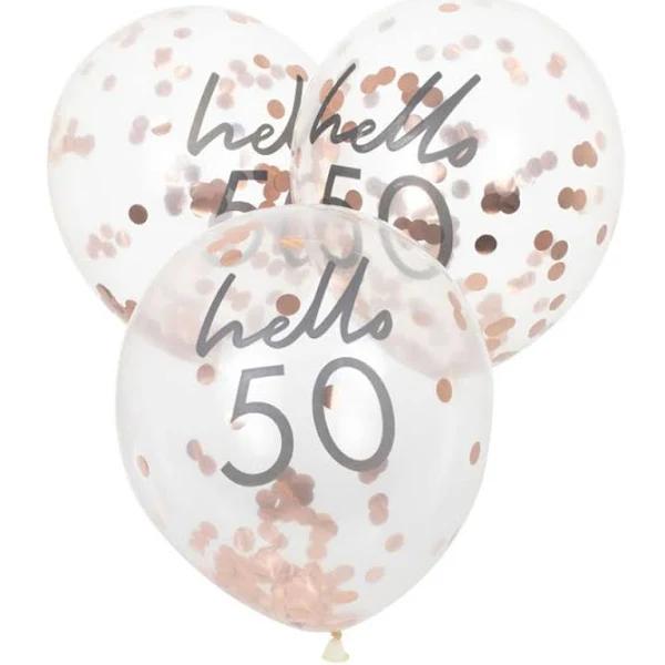 Mix It Up Rose Gold Confetti Filled 'Hello 50' 30cm Balloons 5 Pack