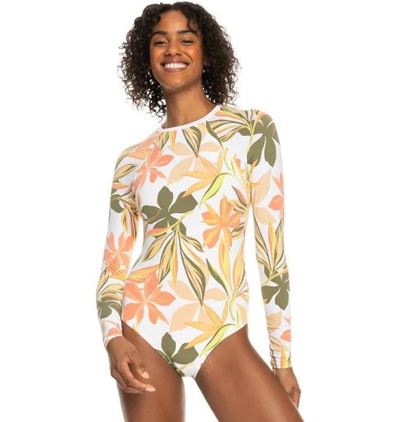 Roxy Women's Onesie PRT Mix Solid Long Sleeve One Piece Swimsuit - Bright White Subtly Salty Flat - Swimoutlet.com