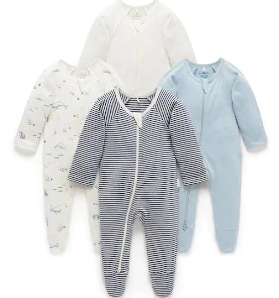 Purebaby Vanilla Nautical 4 Pack Zip Growsuit - Infant