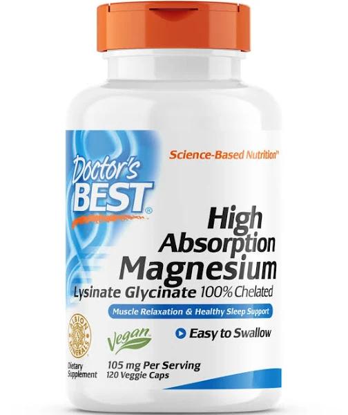 Doctor's Best High Absorption Magnesium Lysinate Glycinate 100% Chelated 105 MG 120 Veggie Caps