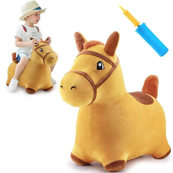 iPlay iLearn Bouncy Pals Yellow Hopping Horse Outdoor Ride On Bouncy Animal Play Toys Inflatable Hopper Plush Covered w/ Pump Birthday Gift For