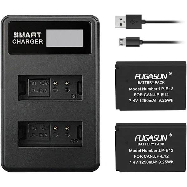 FUGASUN 2 Pcs 1250mAh LP-E12 LPE12 Battery with Dual Battery Charger For Canon EOS M10,EOS M50,EOS M50 Mark II,EOS M100,EOS M200,EOS M,EOS M2,Kiss M