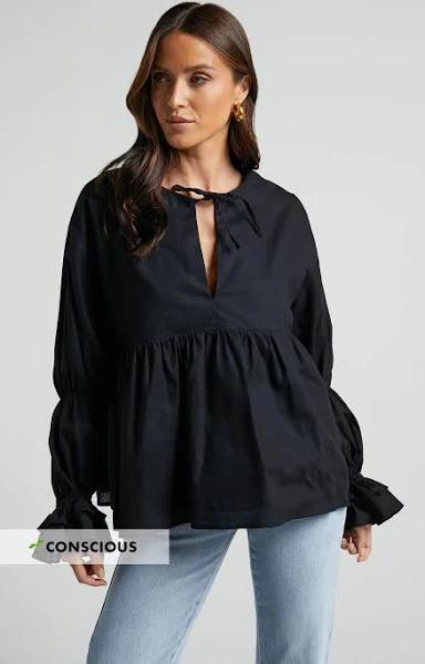 Showpo | Arthur Top - Linen Look Long Sleeve V Neck Tiered Top in Black | Cyber Monday Sale