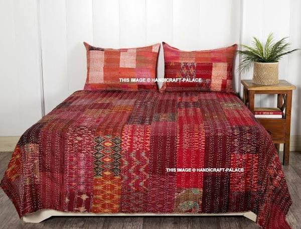 Queen Red Patchwork Summer Kantha Quilt Bedding 100% Silk Indian