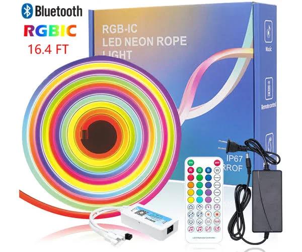 16.4ft/Bluetooth Neon Light Strip/RGBIC Fantasy Color, Music Sync, Dimmable Waterproof Flexible Silicone Light Strip Set