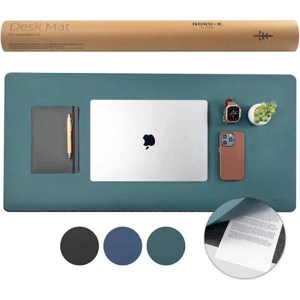 Nordik Felt and Leather Desk Mat Non-slip - Green - 89 x 43 cm - Felt and Vegan Leather Desk Pad - Document Organizers - Desk Blotter and Desktop