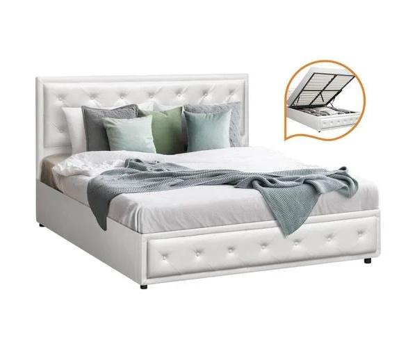 Oikiture Bed Frame Double Size Gas Lift Base with Storage White Leather - AfterPay & zipPay Available