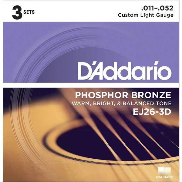 D'Addario - EJ26-3D - 3 Pack Phosphor Bronze Custom Light 11-52 - Acoustic Guitar Strings