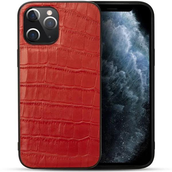 For iPhone 12 Pro Max Case Genuine Leather Crocodile Texture Cover Red