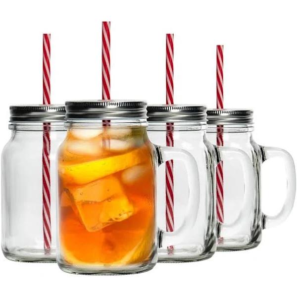 Rink Drink 4 Piece Glass Drinking Jars Set with Lid and Reusable Straw - Mason Style Jam Jar Glasses with Handle - 620ml - AfterPay & zipPay Available