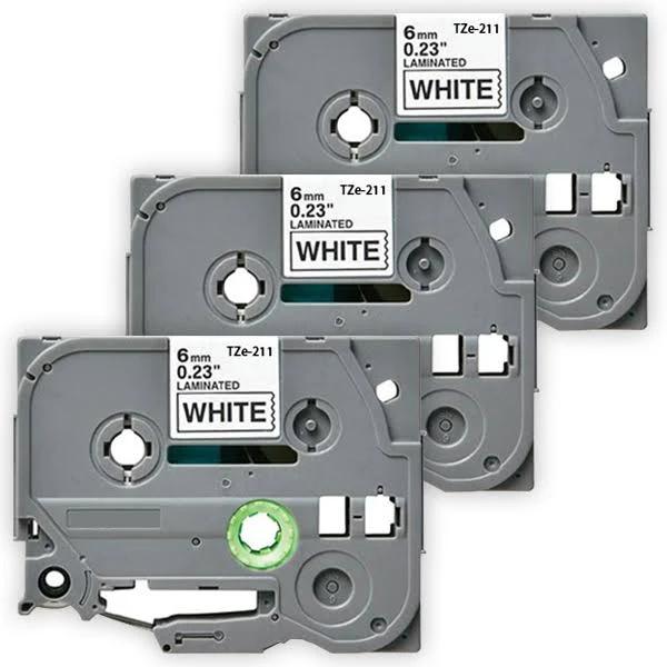 Compatible 3 x PTD800W Brother PT-D800W 6mm Black Text On White Tape P-touch Tape