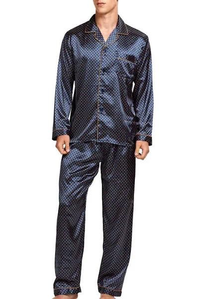 Men's Satin Pajamas Long Button-Down Pj Set Sleepwear Loungewear