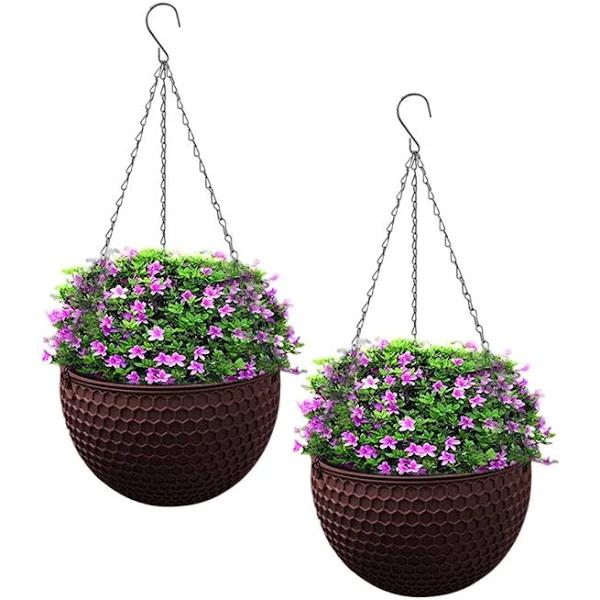 SOGA 2x Coffee Small Hanging Resin Flower Pot Self Watering Basket Planter Outdoor Garden Decor