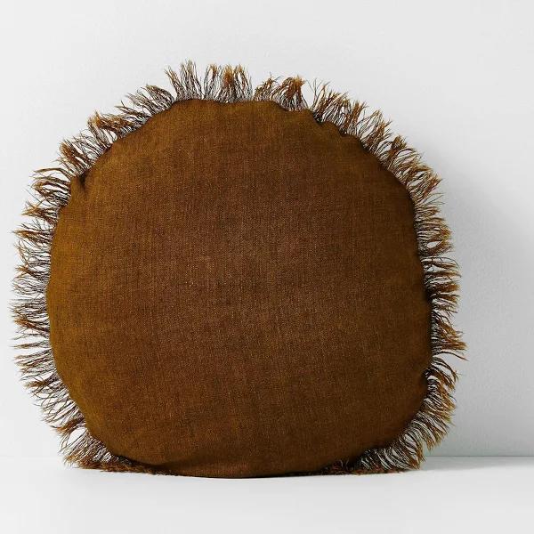 Aura Vintage Linen Fringe 45cm Round Filled Cushion Tobacco