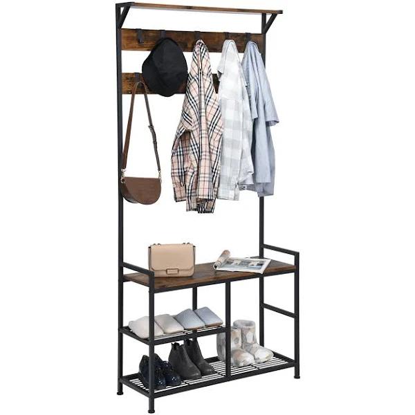 Giantex 3-in-1 Clothes Rack Stand Entryway Coat Rack w/ Storage Shelf & Hanging Hooks,Rustic Brown