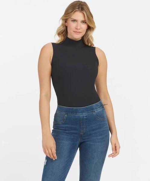 Spanx Ribbed Mock Neck Sleeveless Bodysuit in Black