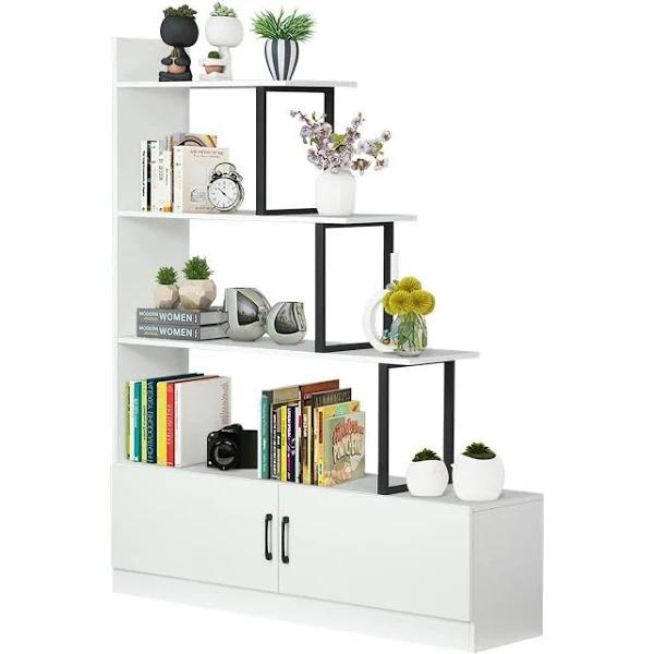 5 Tier Ladder Bookshelf Bookcase Storage Cube Rack Cabinet Display Shelf Unit with 2 Doors