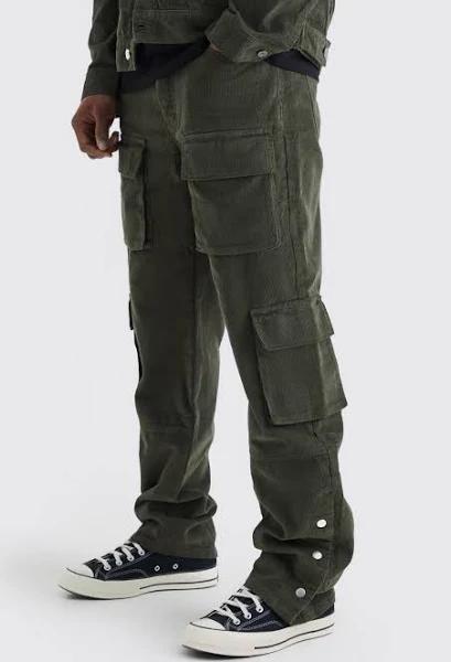 Fixed Waist Relaxed Multi Cargo Popper Hem Cord Trouser