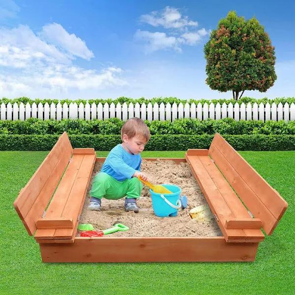 Sandpit Wooden Outdoor Kids Play Activity Foldable Seat Child Sand