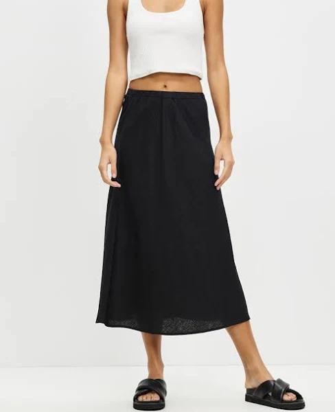 Assembly Label Stella Linen Bias Midi Skirt in Black, Size 14 AU