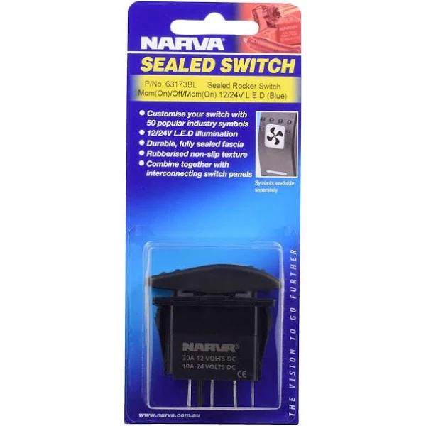 Narva 12/24V Momentary On/Off/On Led Illuminated Rocker Switch Blue (63173BL)