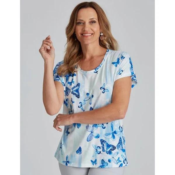 Millers Short Sleeve Printed Scoop Neck Slub Top - Size 20 - Womens - Blue Butterfly