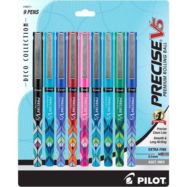 Pilot, Precise V5 Deco Collection, Capped Liquid Ink Rolling Ball Pens, Extra Fine Point 0.5 mm, Assorted Colors, Pack of 9