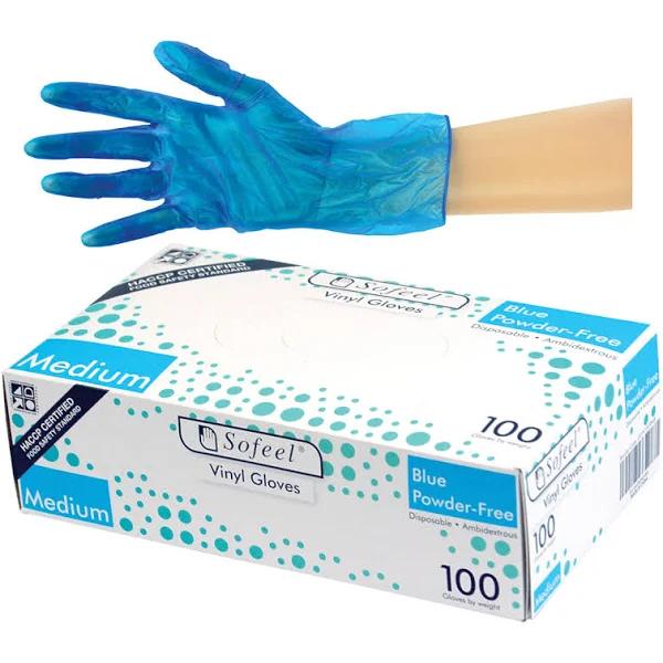 Sofeel Vinyl Gloves, Recyclable, 4.5g, HACCP Grade, Powder Free, Medium, Blue, 100/Box