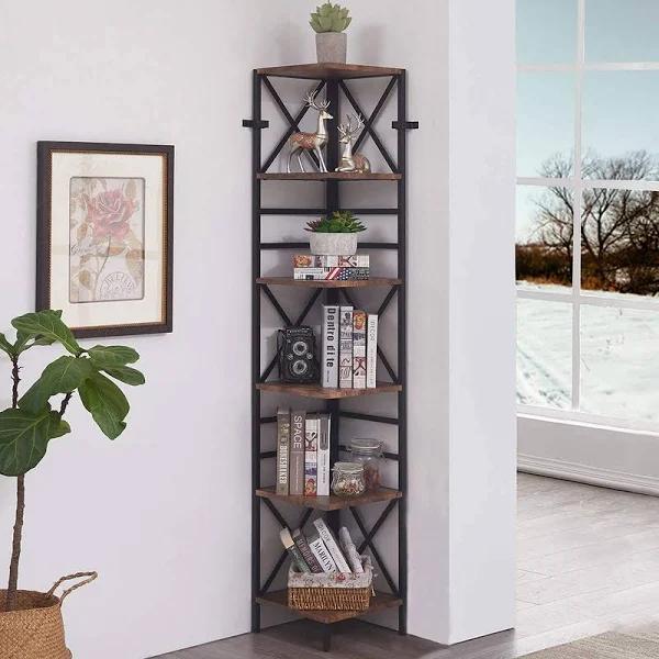 6 Tier Corner Shelf,Metal Black Bookcase, Corner Bookcase, Tall Bookshelf Storage Display Unit for Home Office, Rustic Brown