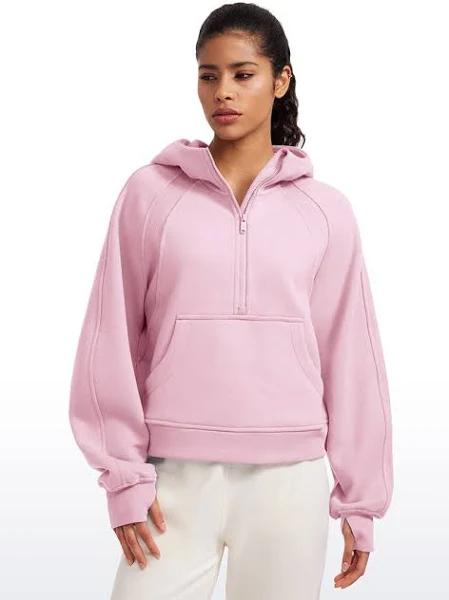 CRZ Yoga Women's Oversied Fit Outerwear Fleece Lined Half Zip Hoodies Pink Peony / M