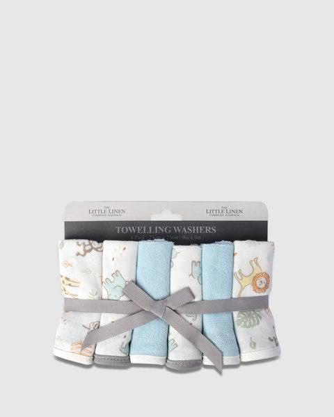 The Little Linen Company Towelling Washer 6pk Safari Bear