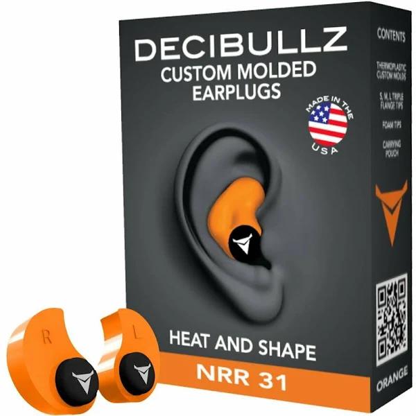 Decibullz - Custom Molded Earplugs, 31dB Highest NRR, Comfortable Hearing Protection For Shooting, Travel, Work and Concerts Orange