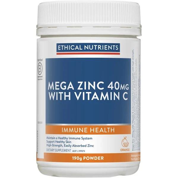 Ethical Nutrients Mega Zinc 40mg Powder with Vitamin C 190g Orange