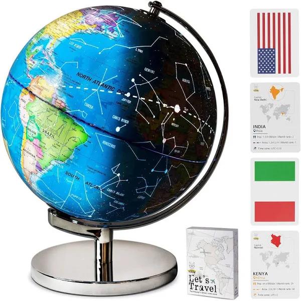 Smart Wallaby 9" Illuminated Educational Kids World Globe + Stem Flags & Countries Interactive Card Game. 3 in 1 Children Desktop Spinning Earth