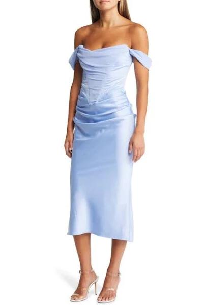 House of CB Natalya Satin Corset Midi Dress in Blue Sky Blue S